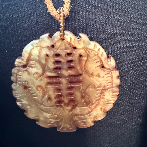 Jewelry - Hand Carved Vintage Round Jade Pendant Necklace in Warm Honey Tones